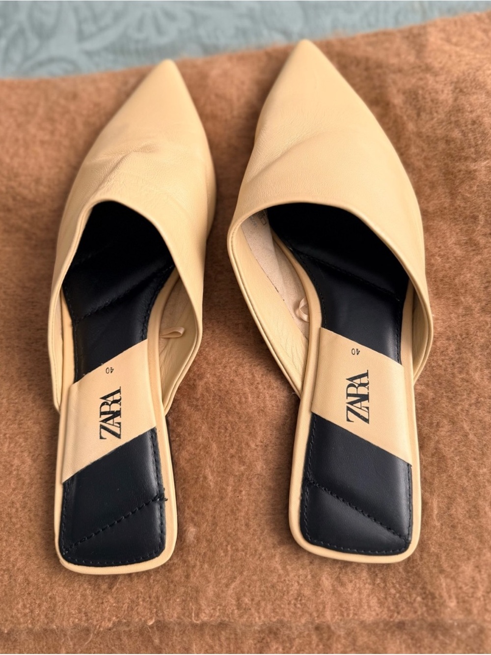 Zara Cream Pointed-Toe Slip-On Mules with Black Insole